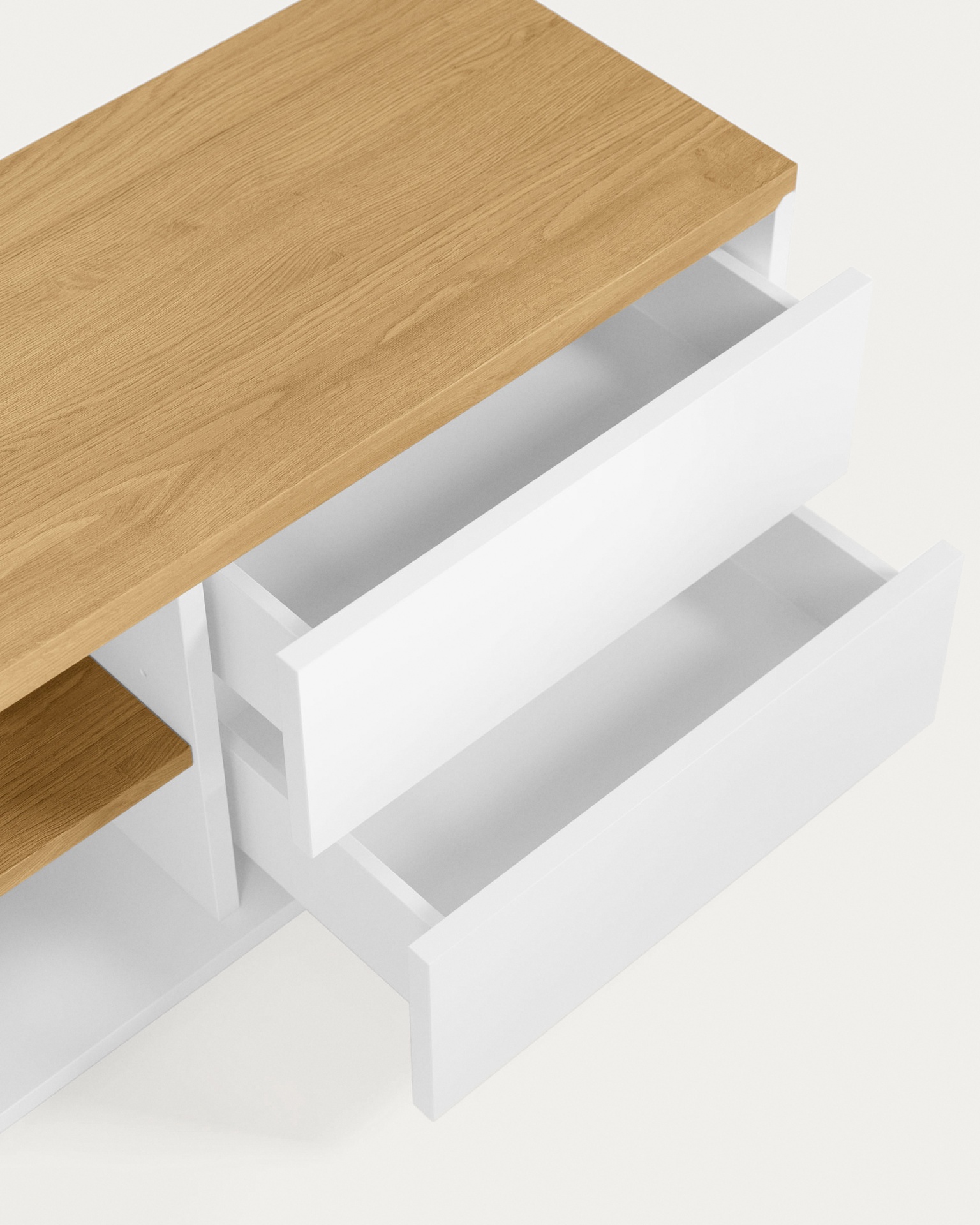 Abilen oak wood veneer TV stand with 2 doora and 2 drawers in white lacquer, 200 x 44 cm FSC 100%