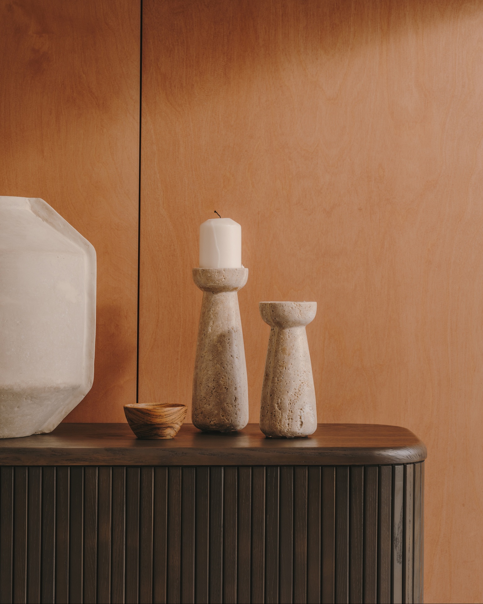 Magan small beige travertine candle holder