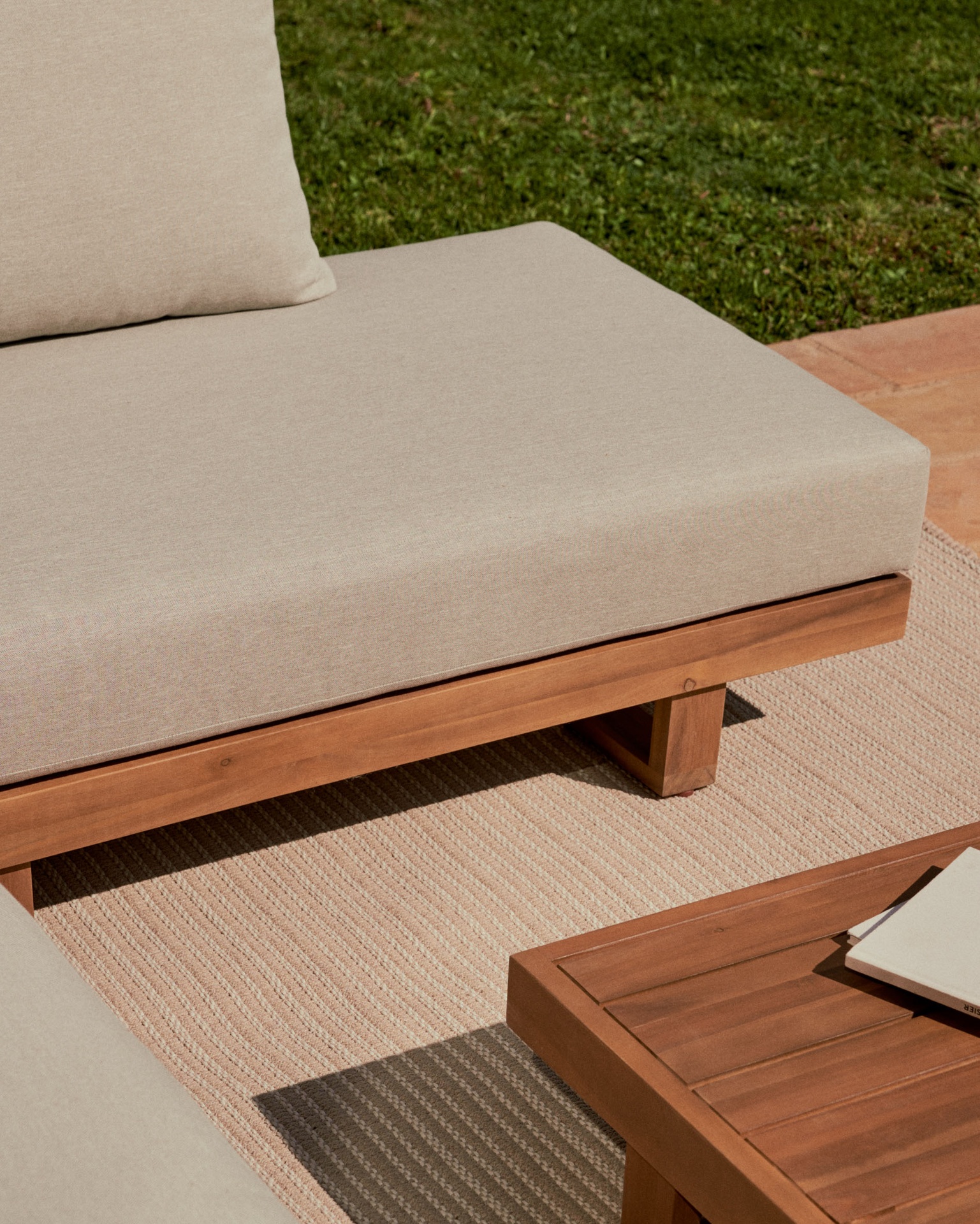 Raco 5 seater corner sofa and coffee table, made from solid acacia wood