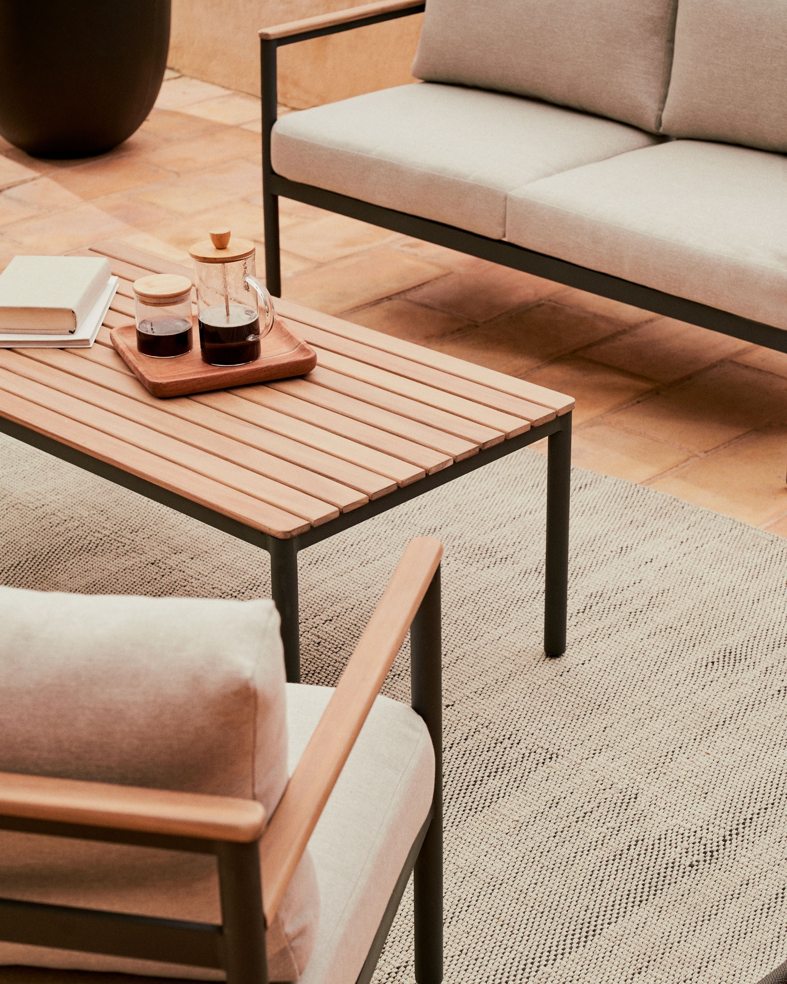 Aiguafreda set, 2 seater sofa, 2 chairs & coffee table made from grey aluminium & acacia
