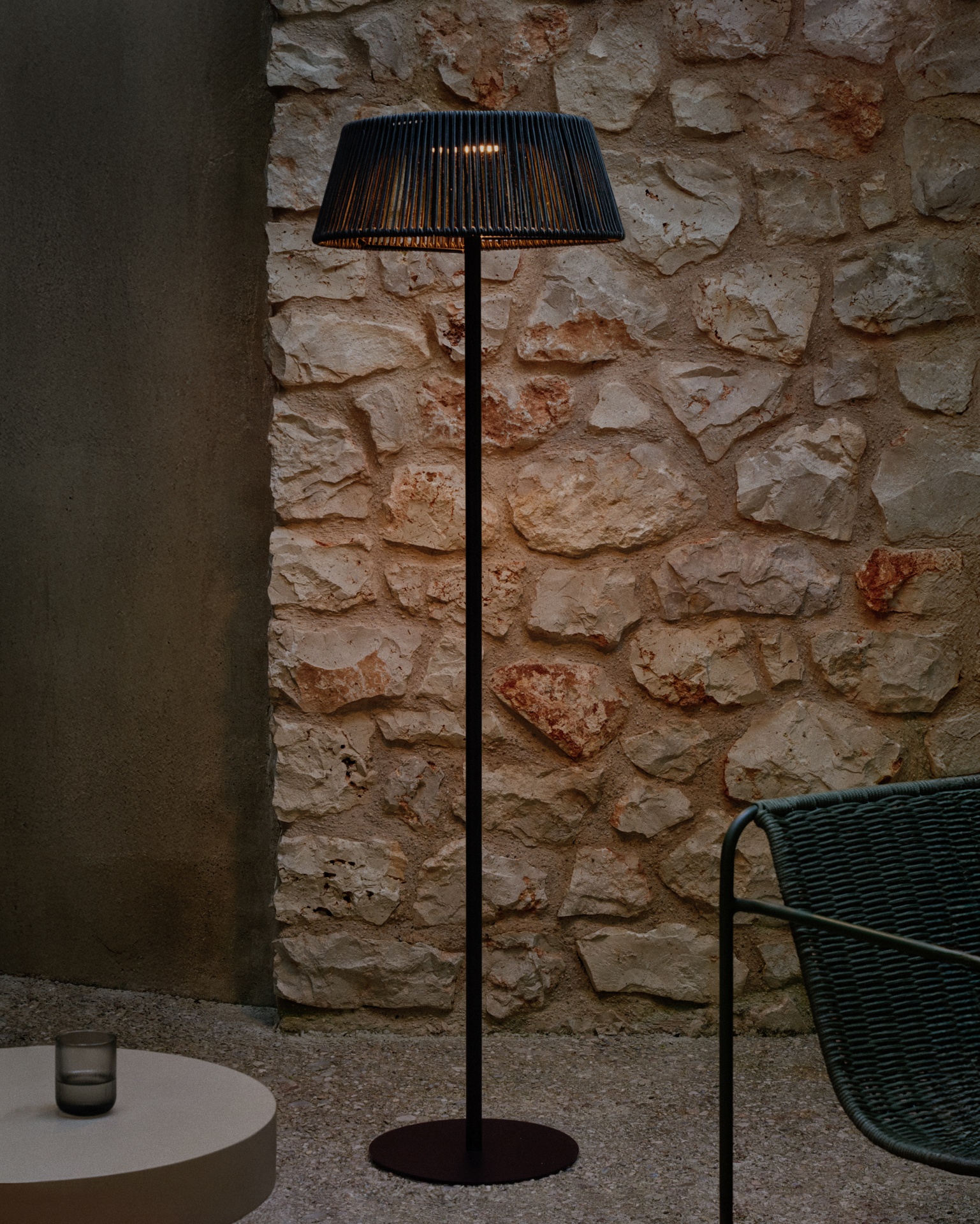 Aldet outdoor solar floor lamp in green rope cord Ø46cm