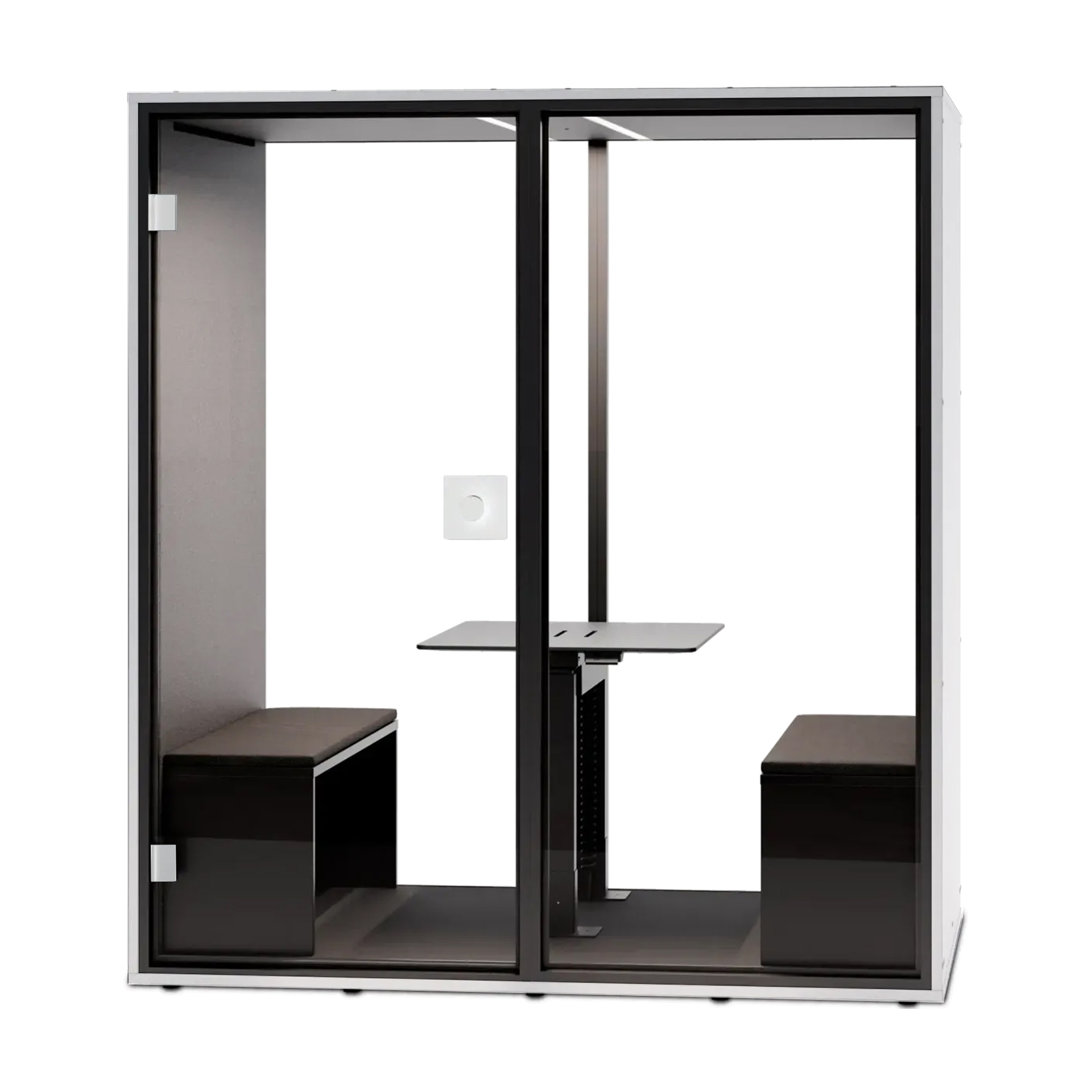Berlin Acoustics Meet Akustikbox (Weiss, Mit el. höhenverstellbarem Tisch, Bank Set gepolstert und Monitorhalterung, Glas Rückwand, Neu)