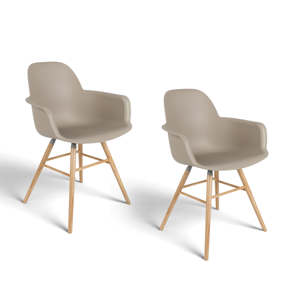 Image of Zuiver Albert Kuip Stuhl - 2er Set Taupe/Holz mit Fixarmlehnen, Neu - Perfekt für komfortables Sitzen