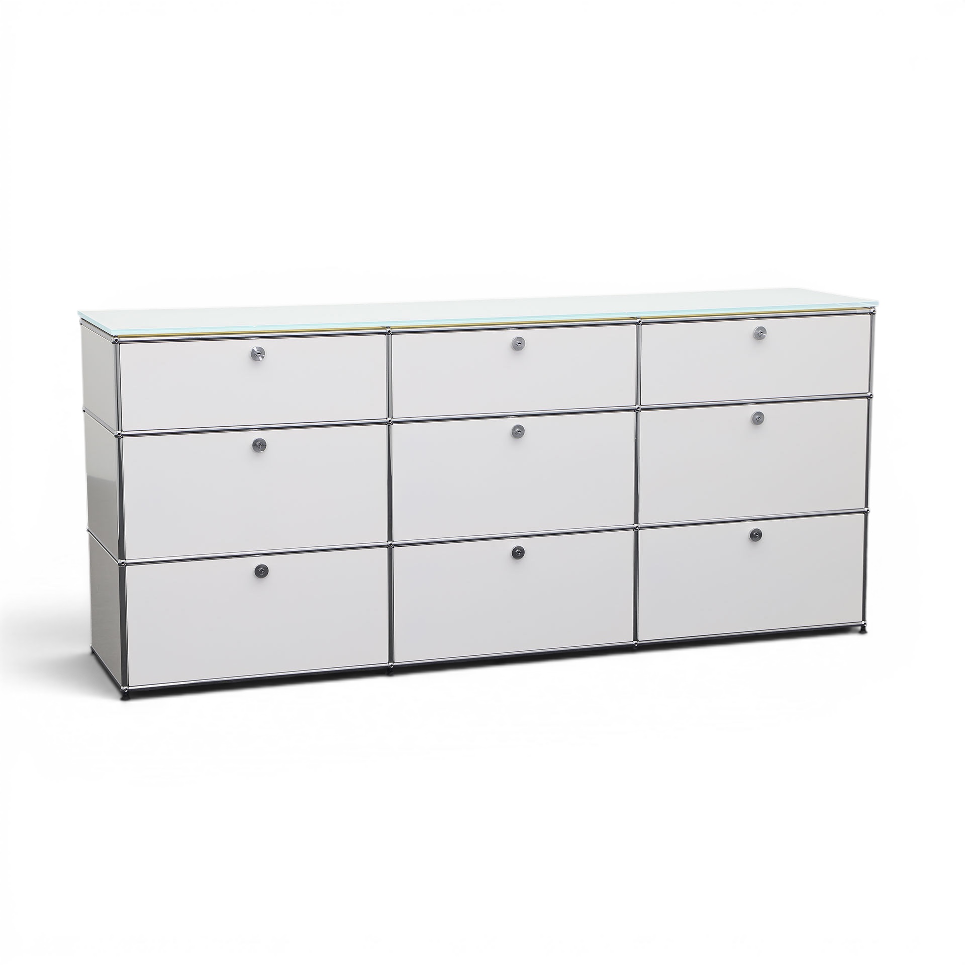 Image of Sideboard USM Haller mit Glasdeckplatte 225.0 x 50.0 cm, Weiss, Gut - Ideal für Wohnzimmer und Büro