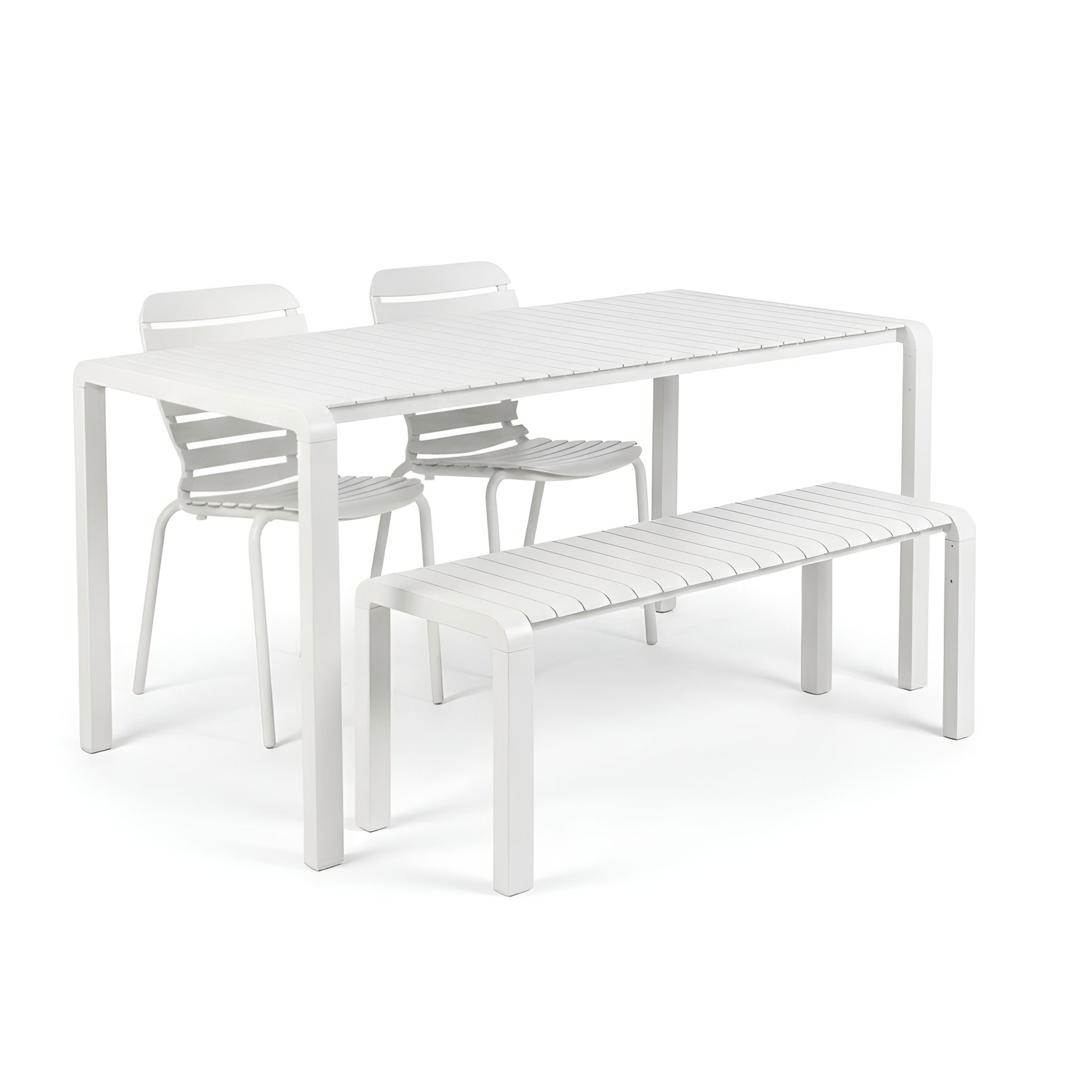 Image of Gartentisch Set Vondel mit 2 Stühlen und Bank 168.5x72.2 cm, Weiss, Neu, Bürotisch - für Büro oder Homeoffice