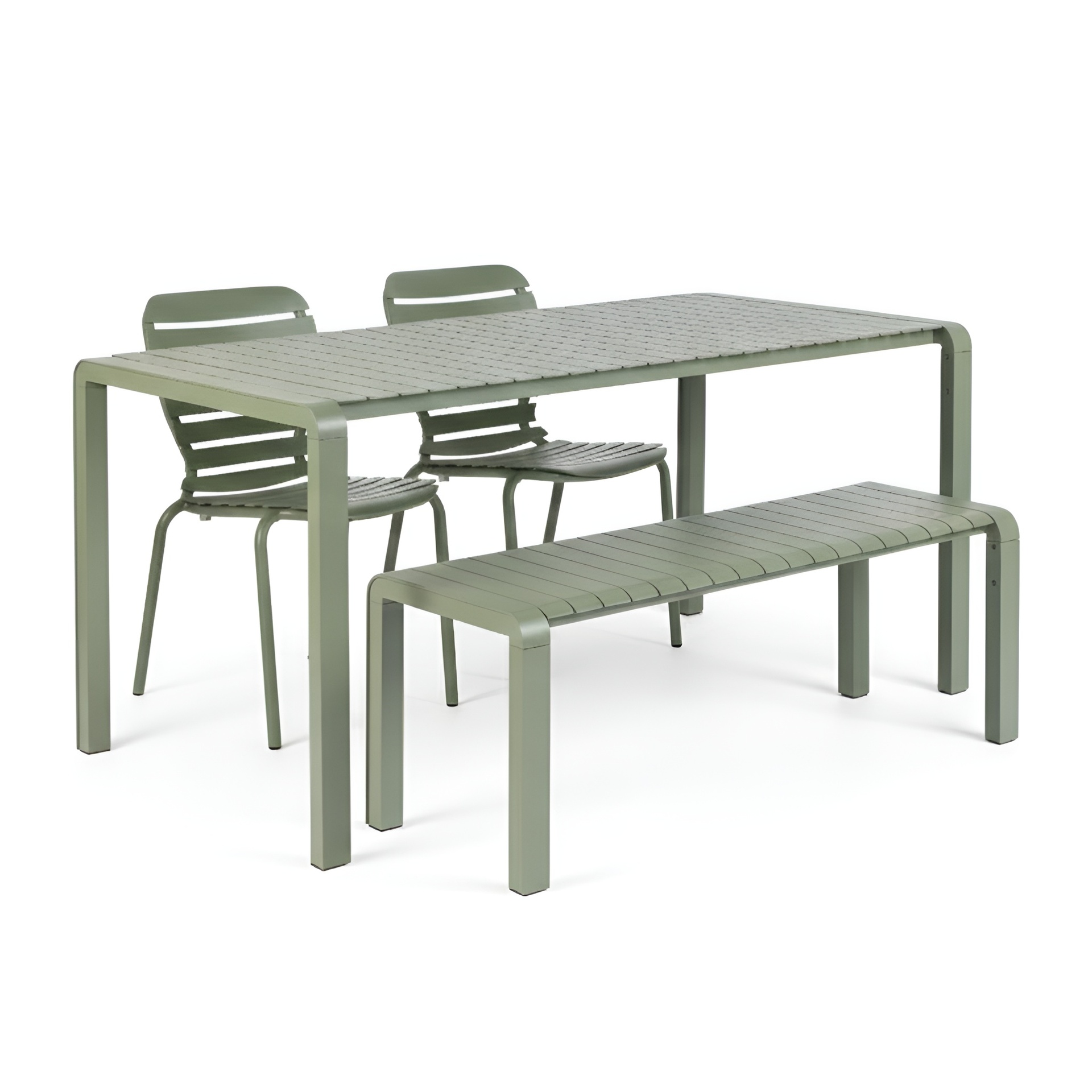 Image of Gartentisch Set Vondel mit 2 Stühlen und Bank 168.5x72.2 cm, Grün, Neu, Bürotisch - für Büro oder Homeoffice