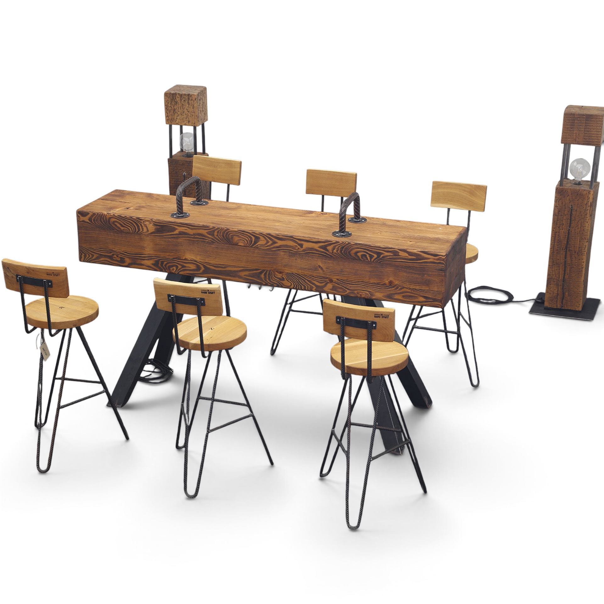 Hard Stuff „The Goat“ Designer Bartisch-Set inkl. 6 Barhocker 199x44 cm, Eiche/Schwarz, Rechteckig, Normal gebraucht Tisch - Perfekt für Café und Bistro