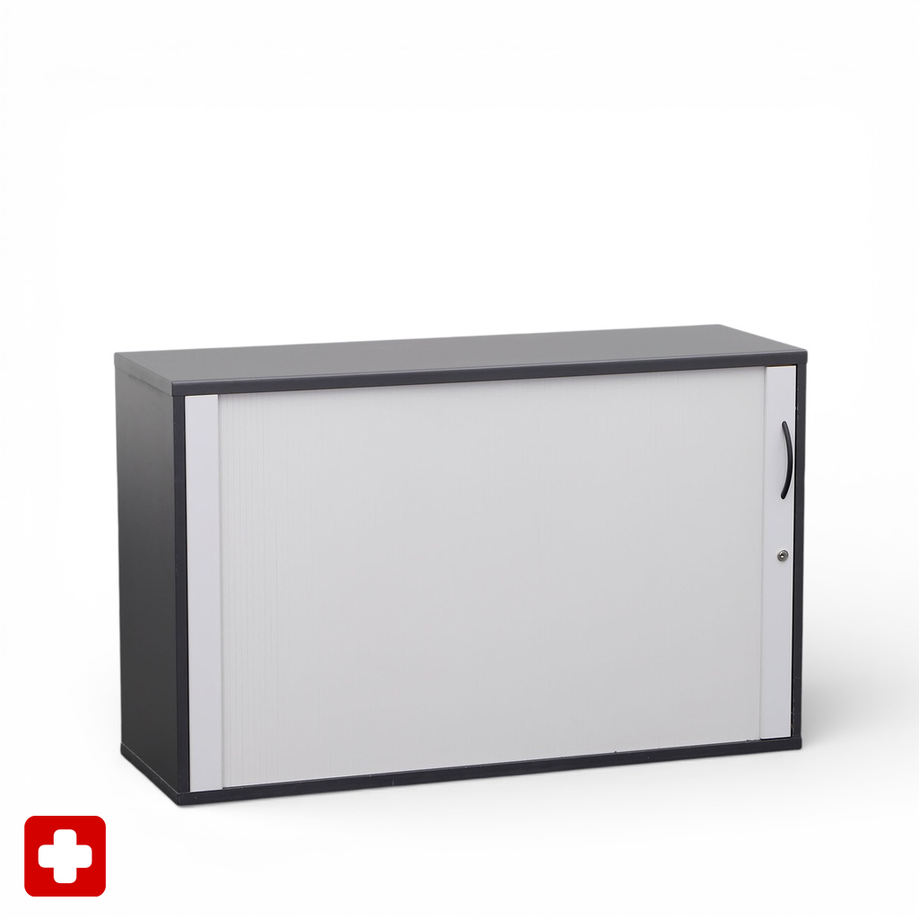 Armoires à rideau Elan Euroffice avec bord arrondi et rideau en bois 120 x 40 x 76 cm, Gris clair, avec clé, Normalement utilisé - solution peu encombrante