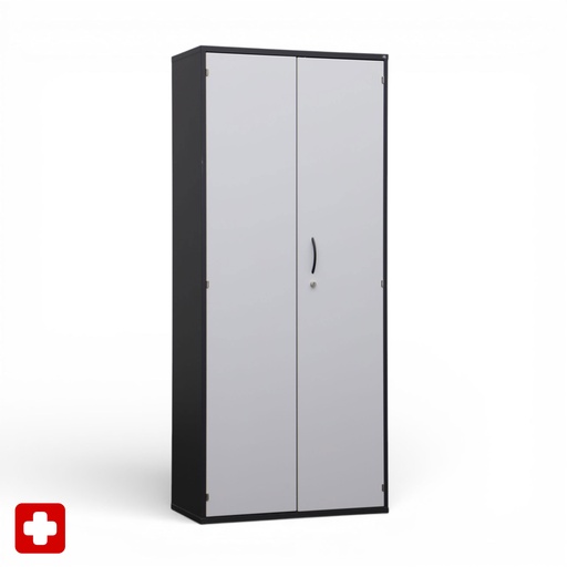 Flügeltürschrank Elan Euroffice mit eckiger Kante und silbernen Scharnieren (Lichtgrau, Normal gebraucht, mit Schlüssel)