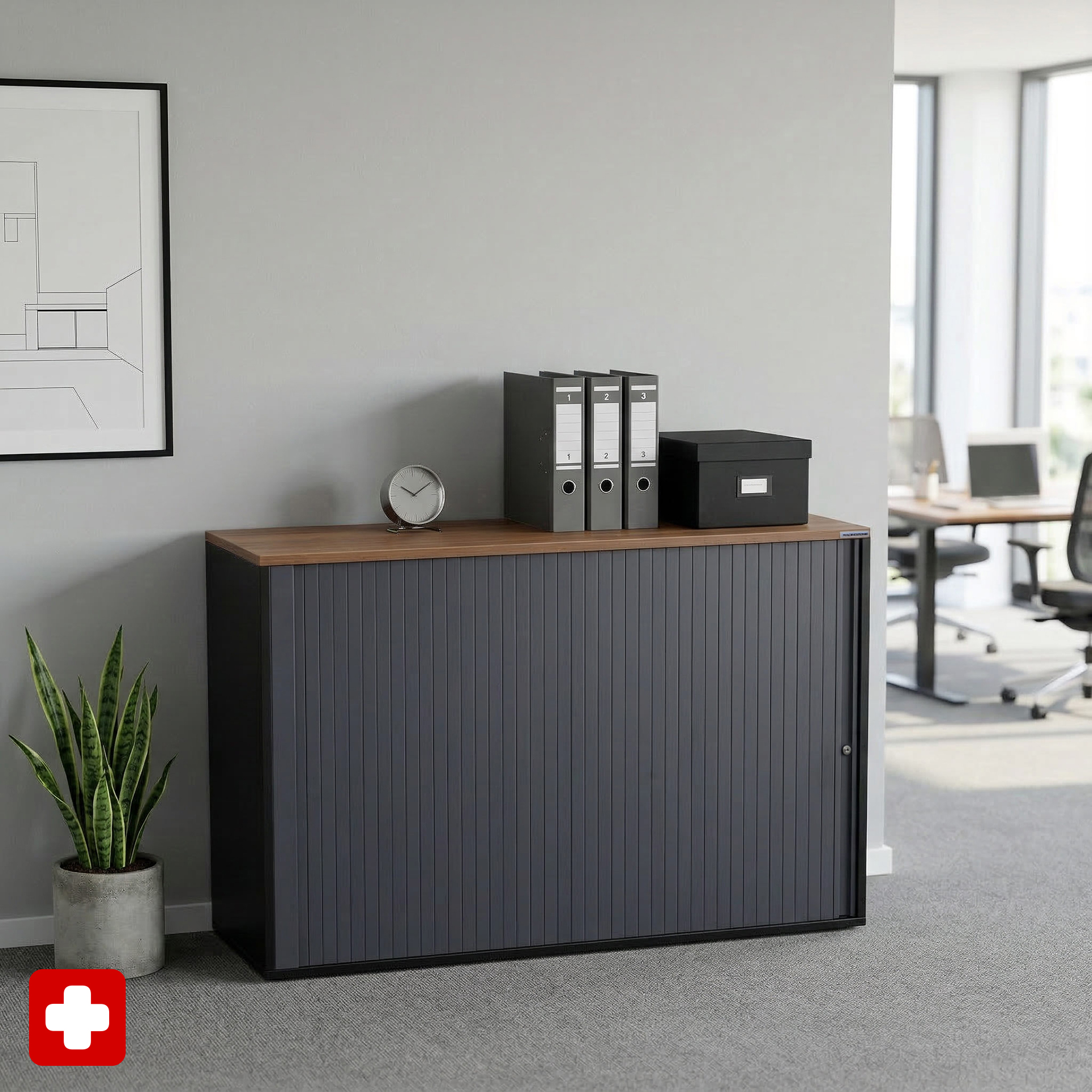 Rollladenschrank Tradingzone GO Swiss 120.0 x 40.0 cm, 2 Ordner hoch, Schwarz/Nussbaum, Neu - Optimale Raumnutzung