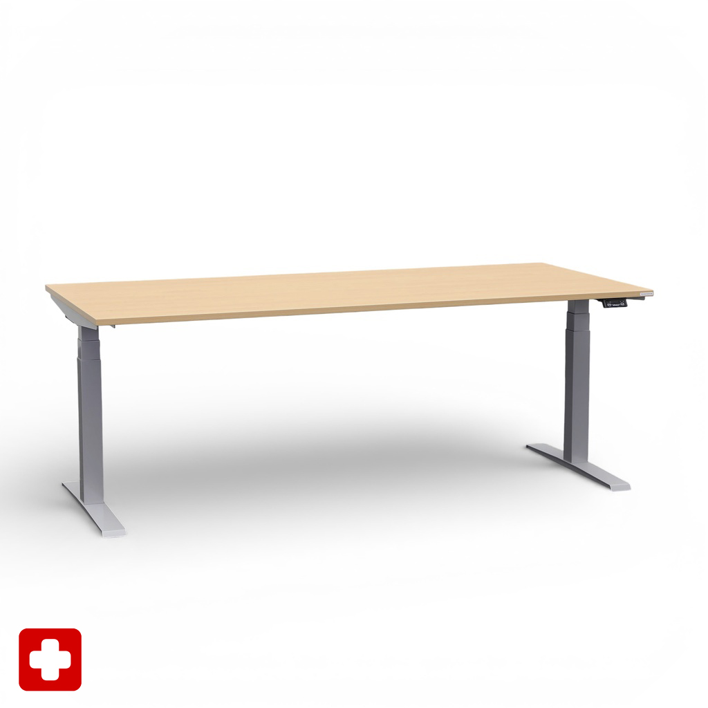 Ergonomique Bureau réglable en hauteur Tradingzone GO Swiss 200x90 cm, Hêtre/Gris argenté, Nouveau, Pupitre - idéal pour le bureau ou la maison
