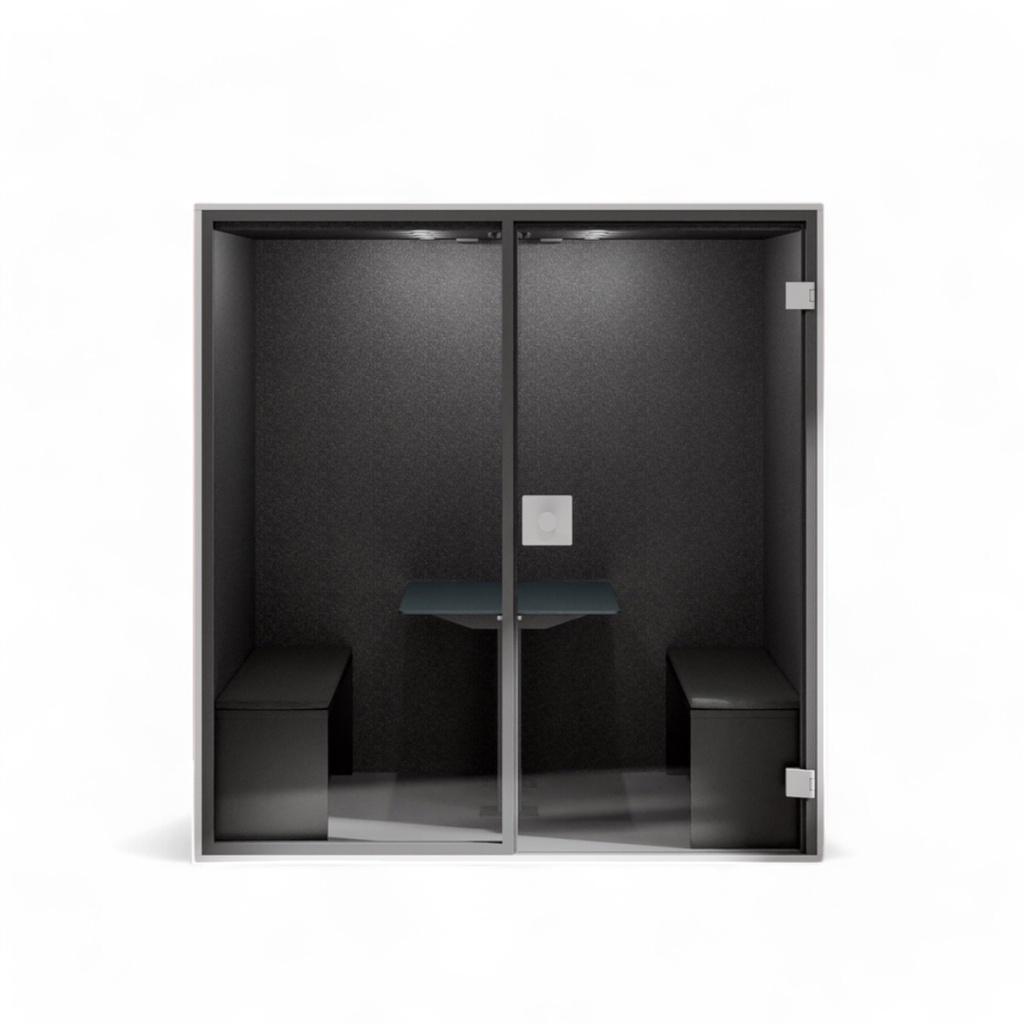 Berlin Acoustics Meet Akustikbox (Weiss, Mit el. höhenverstellbarem Tisch, Bank Set gepolstert und Monitorhalterung, Geschlossene Rückwand, Neu)