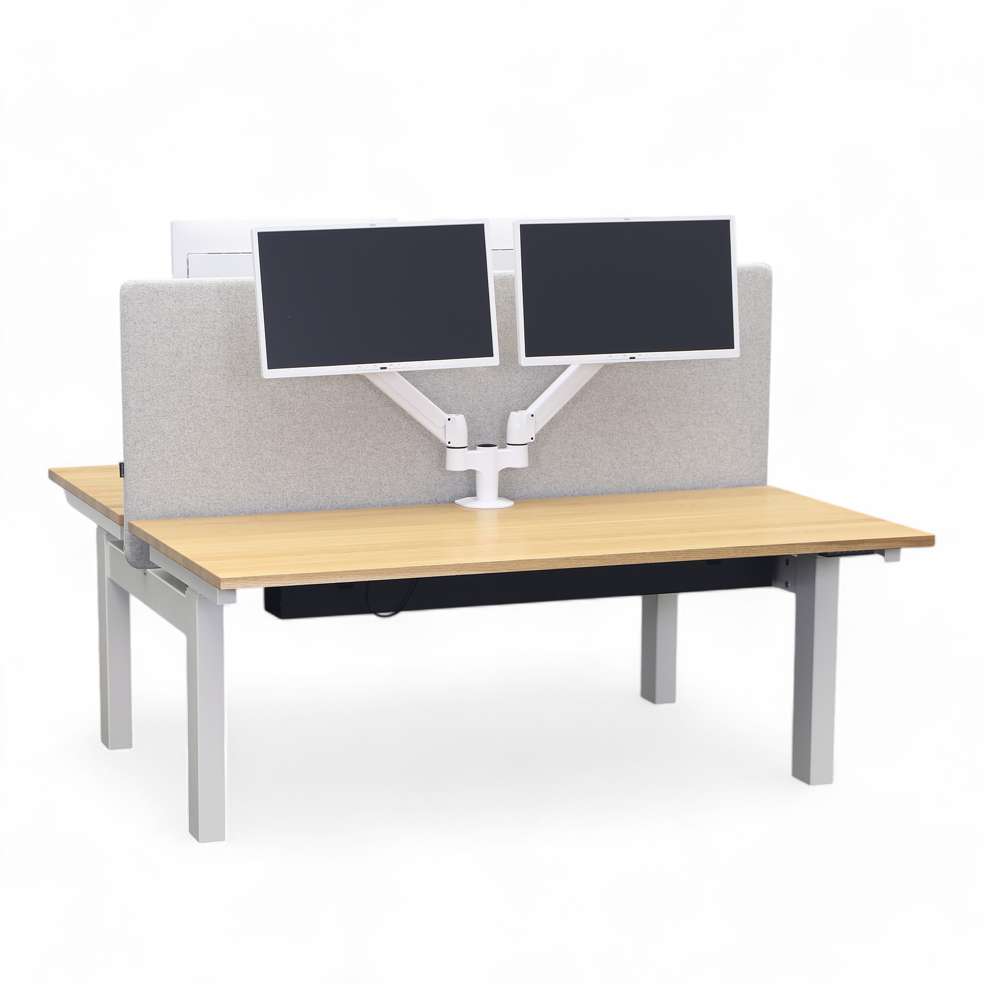 Ergonomique Poste de travail double avec écrans Bene Level Pure Twin 160x169 cm, Chêne/Blanc, Bon, Pupitre - idéal pour le bureau ou la maison