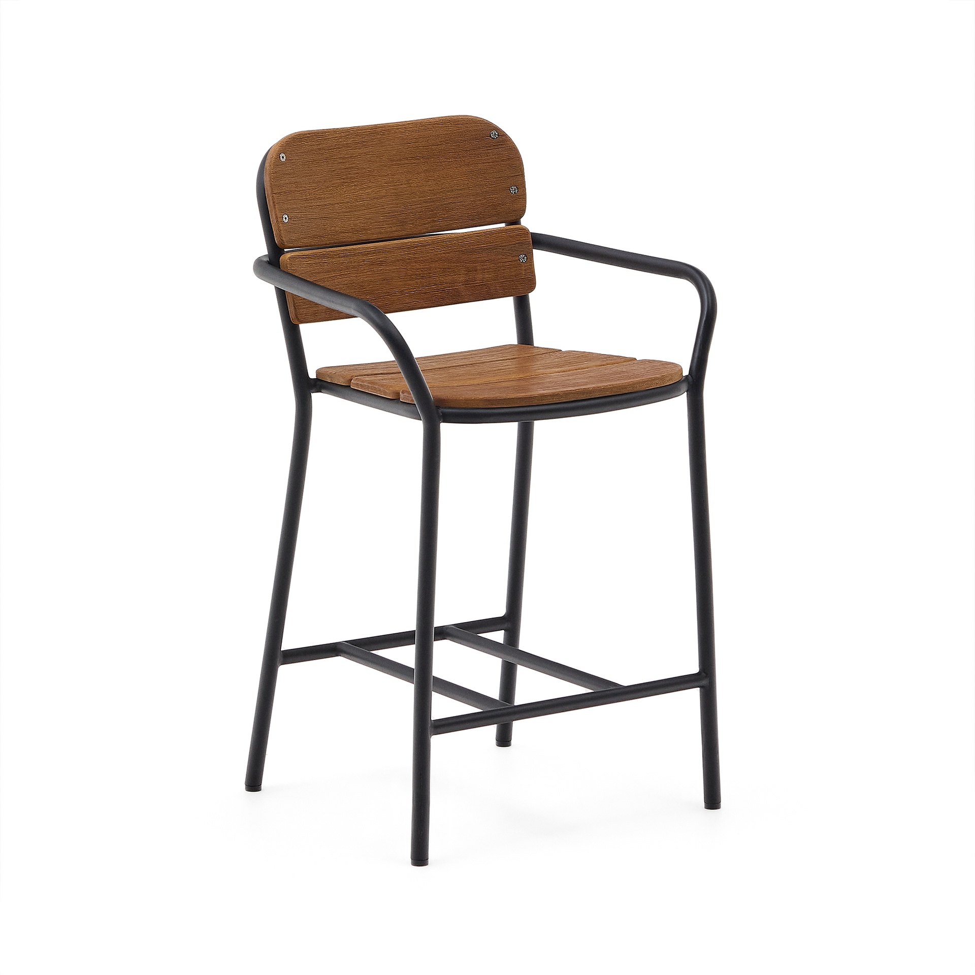 Tabouret Algueret en bois d'eucalyptus, finition naturelle et aluminium noir 65 cm FSC 100 % (Nouveau)